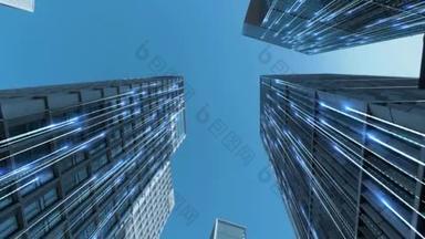 蓝天前商业大楼的底部视图画面，具有技术效果