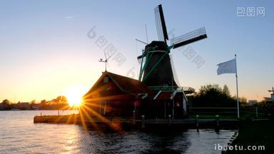 风车磨粉机荷兰日落