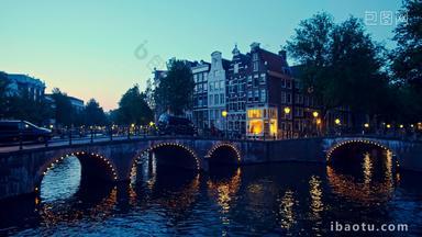 桥晚上荷兰房子