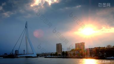 鹿特丹公约荷兰伊拉斯谟斯大桥日落