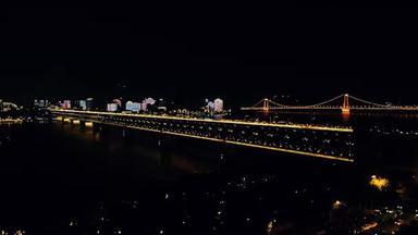 4K城市交通_武汉长江大桥鹦鹉洲大桥夜景航拍