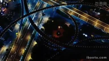 4K城市交通_俯拍城市高架立交桥夜景