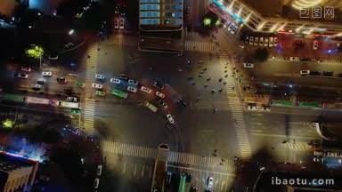 4K城市交通_航拍城市夜景拥堵交通