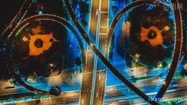 4K城市交通_俯拍城市交通立交桥交通夜景延时摄影