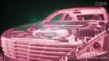 d线框<strong>汽车模型</strong>与引擎的全息动画