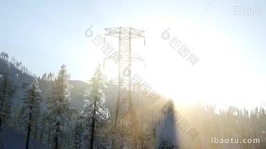 在雪覆盖的森林中日出时的电线
