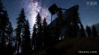 在星空下,天文发射器在森林中接收信号