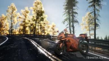 一辆摩托车停在山道上