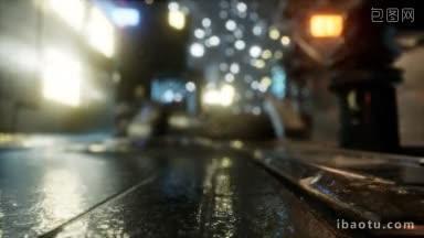 城市街道在雨中夜间
