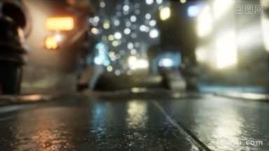 城市街道在雨中夜间