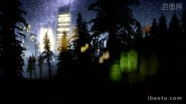 星夜下 城市高楼大厦间的树林