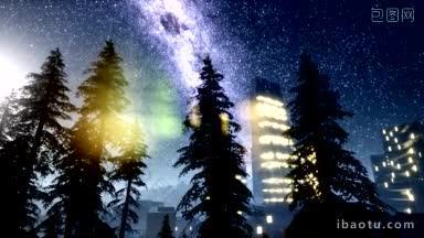 星空背景下 商务中心间的树木被点亮