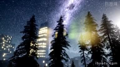 夜空中商务中心的树木被点亮了