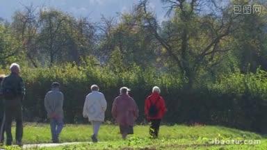 在乡间散步的老年人群