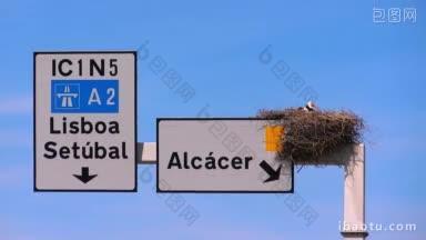 在葡萄牙一条沙滩路的广告牌上有条鹳巢在那里造出蓝天