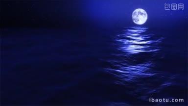 循环晚上的满月与海浪膨胀高清视频动画主题浪漫