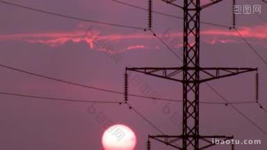 在日出的时候，电线没有鸟和缺陷