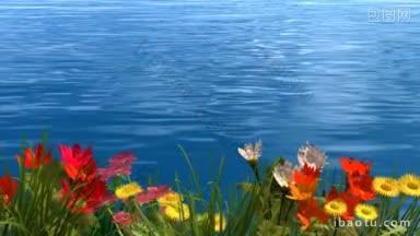 河<strong>岸上</strong>五颜六色的花朵在微风中摇曳