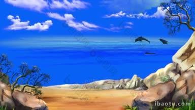 一群海豚在一个夏天的蓝色<strong>大海</strong>手工<strong>动画</strong>