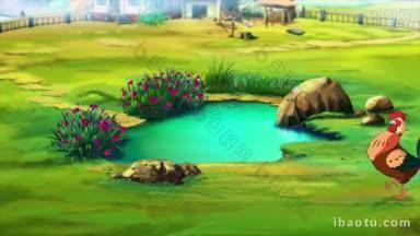 美丽的红红色卡通公鸡在池塘附近的农场在一个夏天的早晨手工动画