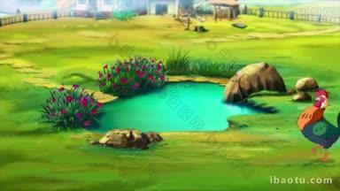 美丽的彩色卡通公鸡在池塘附近的农场在一个夏天的早晨手工动画
