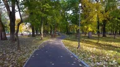 航拍城市公园的秋季自然风光，秋季美景和空板凳