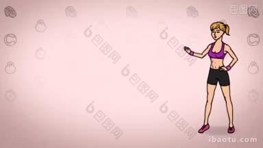 动画人物年轻女子穿着运动上衣，打底裤和运动鞋女运动员。