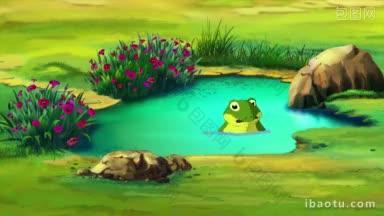绿色青蛙在夏日小池塘里潜水的手工动画