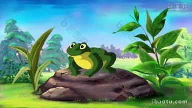 绿色的青蛙坐在夏天呱呱叫手工动画
