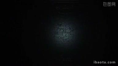 电脑生成的动画，黑色的墙壁上有划痕和凹痕，同时闪烁和闪烁的彩灯