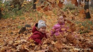 在秋天的公园里，可爱的学步男孩和十几岁的妹妹坐在一起，笑着把黄色的枫叶扔起来