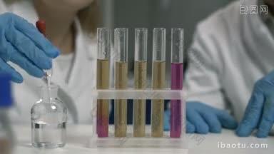 特写<strong>科学家</strong>手拿移液管将试剂滴入试管中，在化学实验室用液体保护科研人员