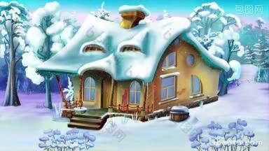 小房子在冬季森林在一个雪天手工动画的经典卡通风格