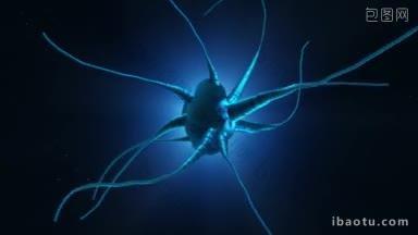 <strong>抽象</strong>蓝色背景上发光的神经元细胞脑健康和脑疾病的概念