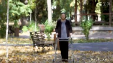 在秋天公园里和步行者一起散步的老年妇女，人是不聚焦的，但逐渐聚焦