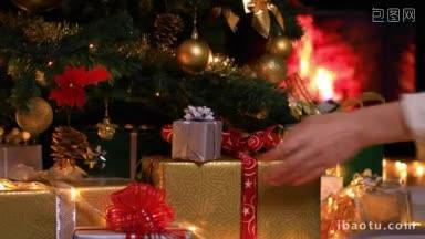 女人把礼物放在壁炉旁的圣诞树下洋娃娃拍摄