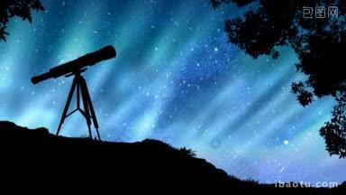 在布满星星的天<strong>空中</strong>，合成望远镜和随风飘扬的树，极光动画