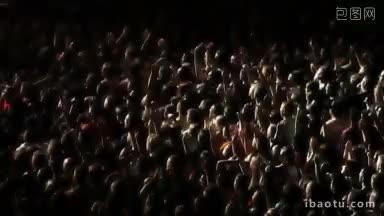 在音乐会上，一群欢呼的乐迷身上闪烁着五颜六色的灯光