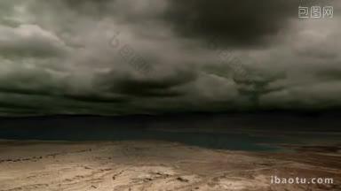 死海组成的<strong>沙漠</strong>平原上空乌云密布，雷电交加