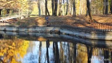 美丽的女子手拿黄叶走在美丽的秋天城市公园的湖边