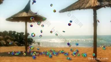五颜六色的物体下落和夏天的时间文本在海边和海滩伞