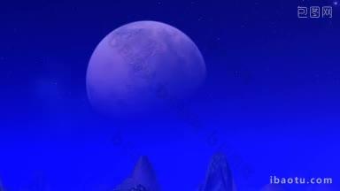 一颗蓝色<strong>星球</strong>上的外星人之城被一层雾笼罩在大<strong>月亮</strong>的星空中