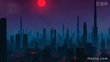 在星星和红月亮的夜空中，摩天大楼被绿色的雾所笼罩