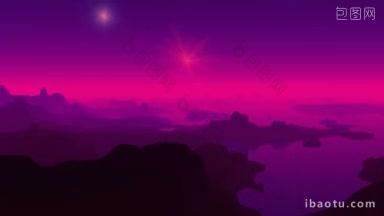黑暗的山脉被粉红色的雾<strong>笼罩</strong>，在夜空中飞舞，火光闪烁