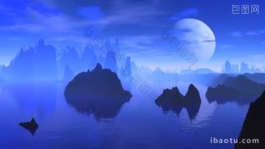 黑暗的岩石在水中被蓝色的雾<strong>笼罩</strong>在夜空易云