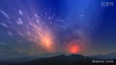 <strong>天空</strong>中雾蒙蒙的山丘上，明亮的<strong>星星</strong>被红光包围着，闪烁着光和旋转