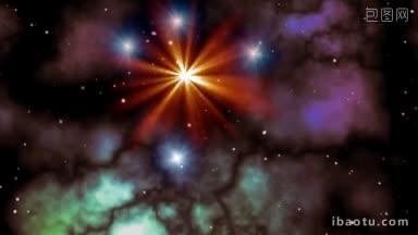 橙色和蓝色的星星不明飞行物飞行在空间对雾橙色的星星火花和洪水的天空明亮