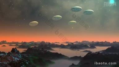 不明飞行物舰队缓慢地飞越山脉，在一个梦幻星球的天空中，山脉之间是白色的雾