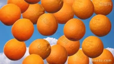 成熟的新鲜橙子旋转和落下天<strong>空背景</strong>与alpha通道