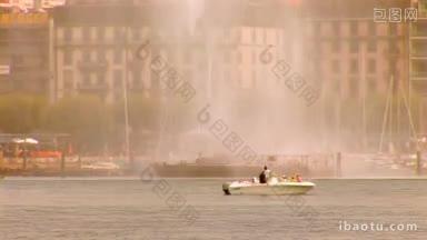 小船在日内瓦<strong>湖上</strong>航行，靠近喷泉